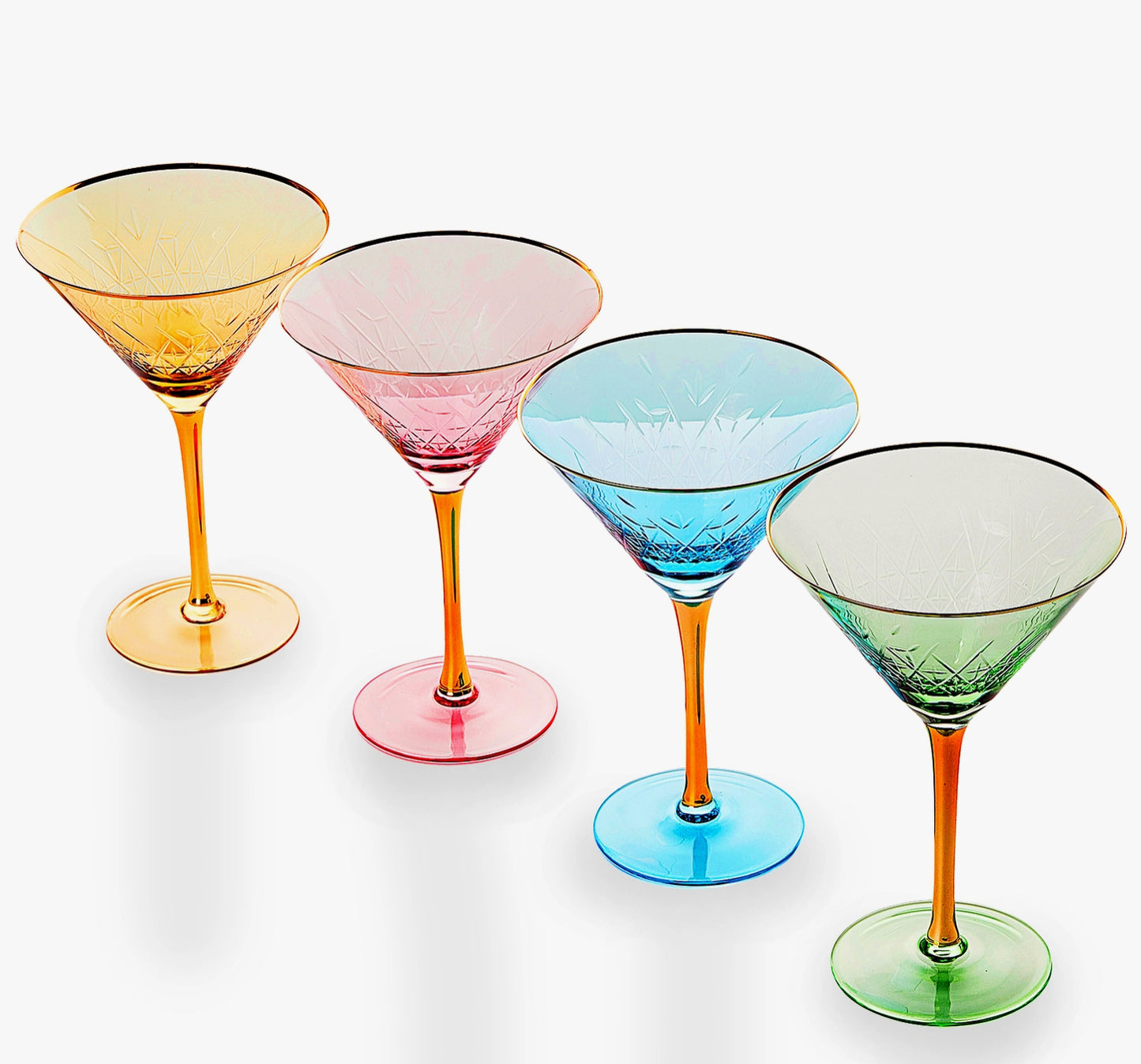 Set 4 Gold Rimmed Crystal Martini Glasses