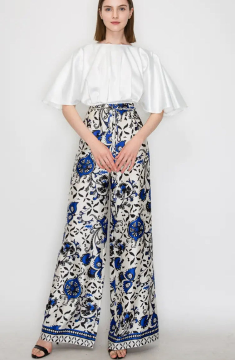 Satin Floral Print High-Waisted Wide Pants