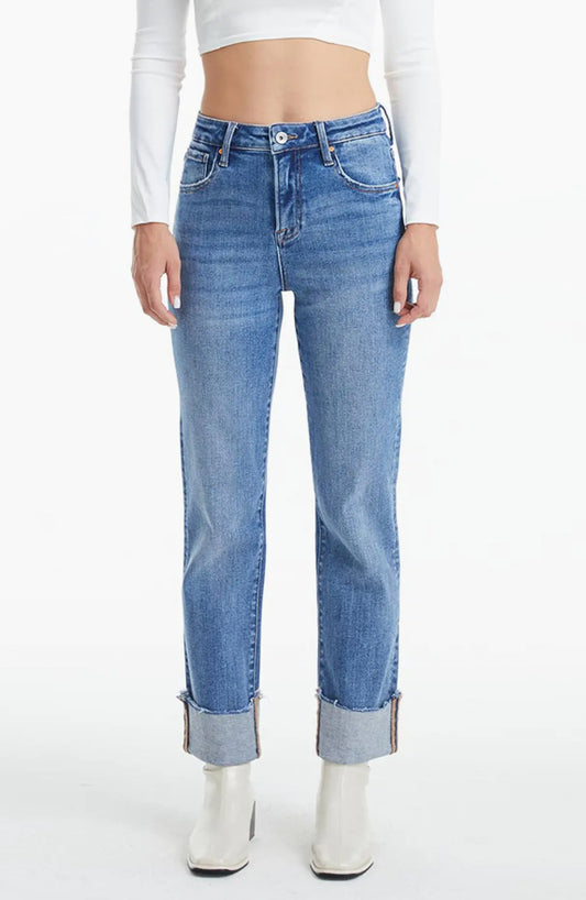 High Rise Straight Jeans with Rolled Hem