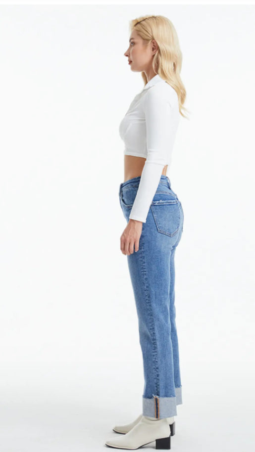 High Rise Straight Jeans with Rolled Hem