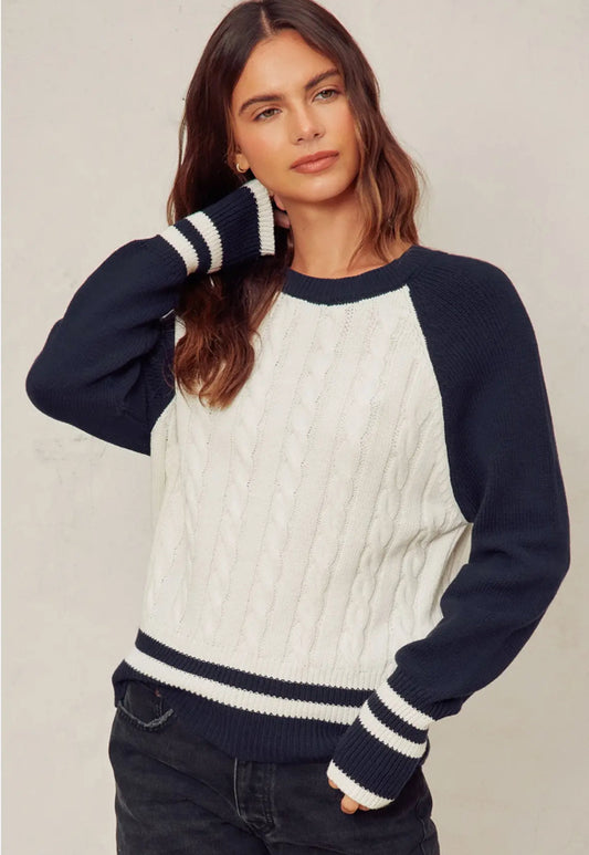 Cable Knit Stripe Trim Sweater