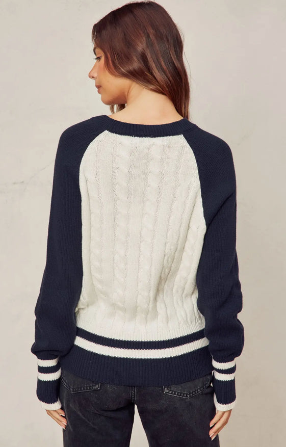 Cable Knit Stripe Trim Sweater