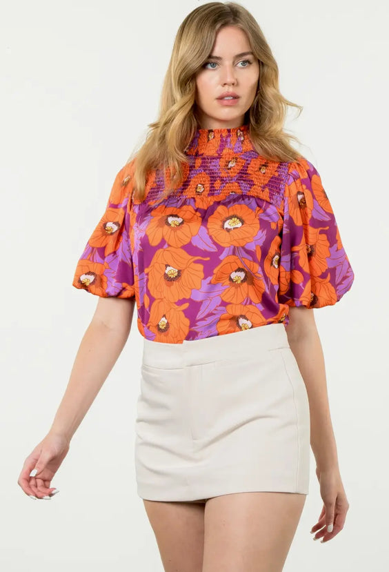 Floral Smocked Detail Puff Sleeve Top