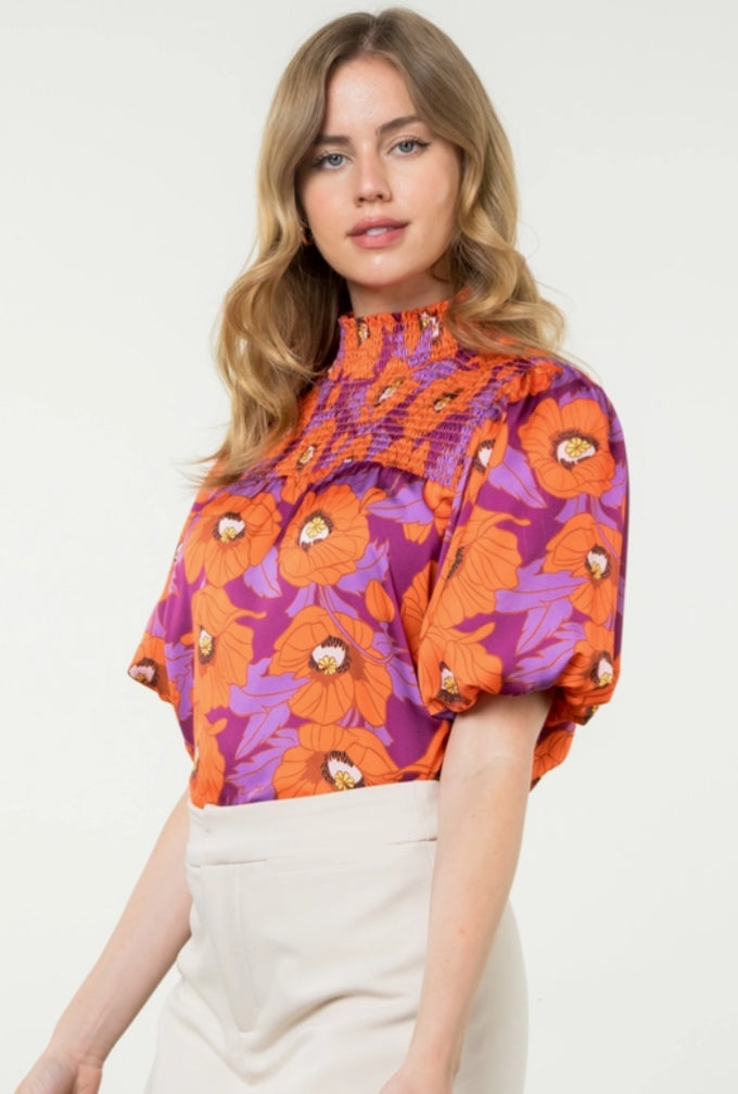 Floral Smocked Detail Puff Sleeve Top