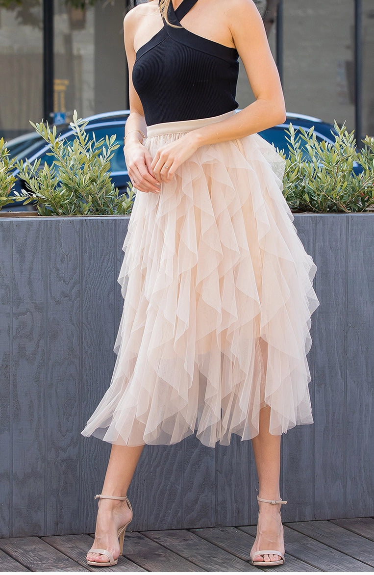 Sprial Ruffled Tulle Midi Skirt