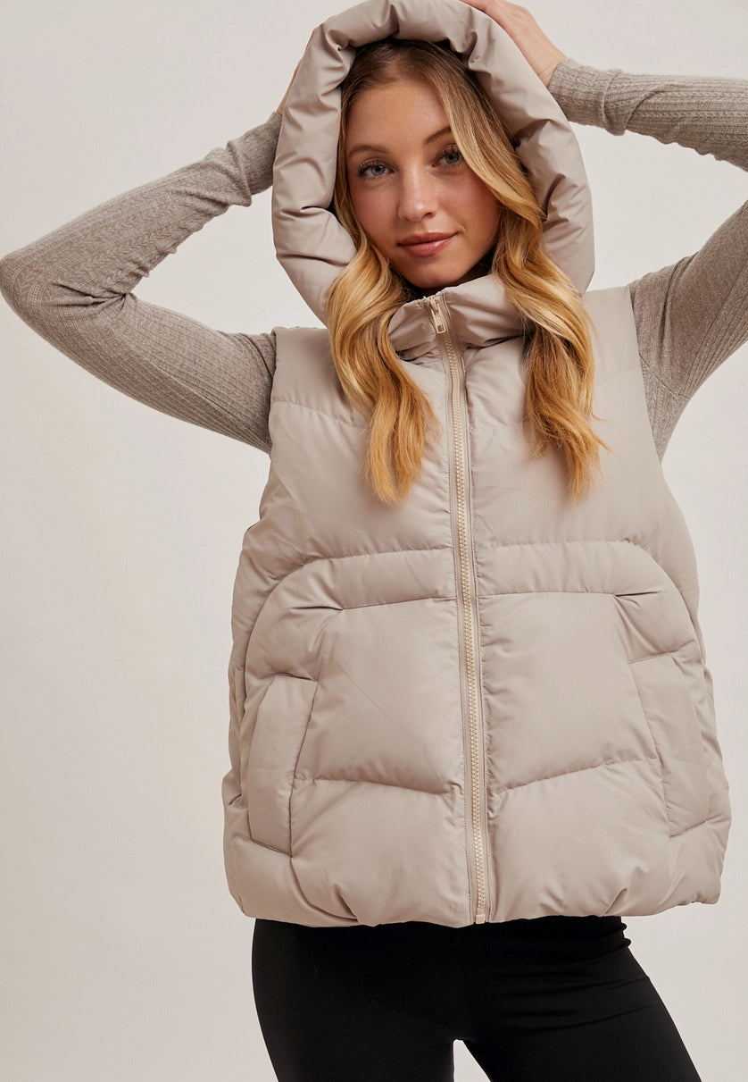 Zipper Down Puffer Hooded Vest