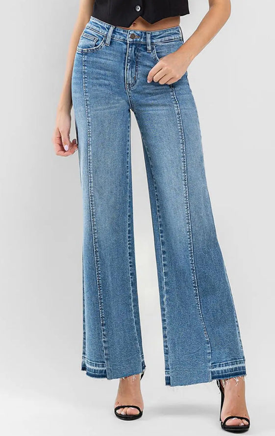 High Rise Distressed Slim Wide Jean