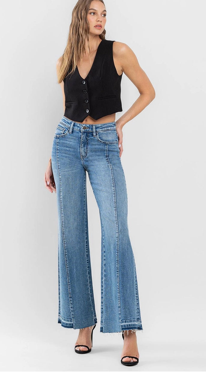 High Rise Distressed Slim Wide Jean