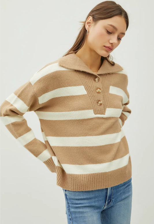 Quarter Button Collar Stripe Sweater