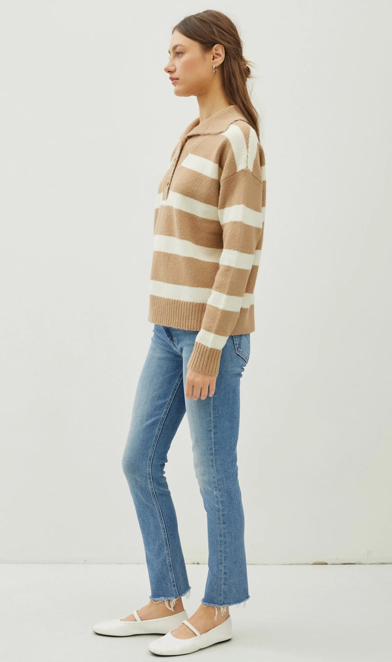 Quarter Button Collar Stripe Sweater