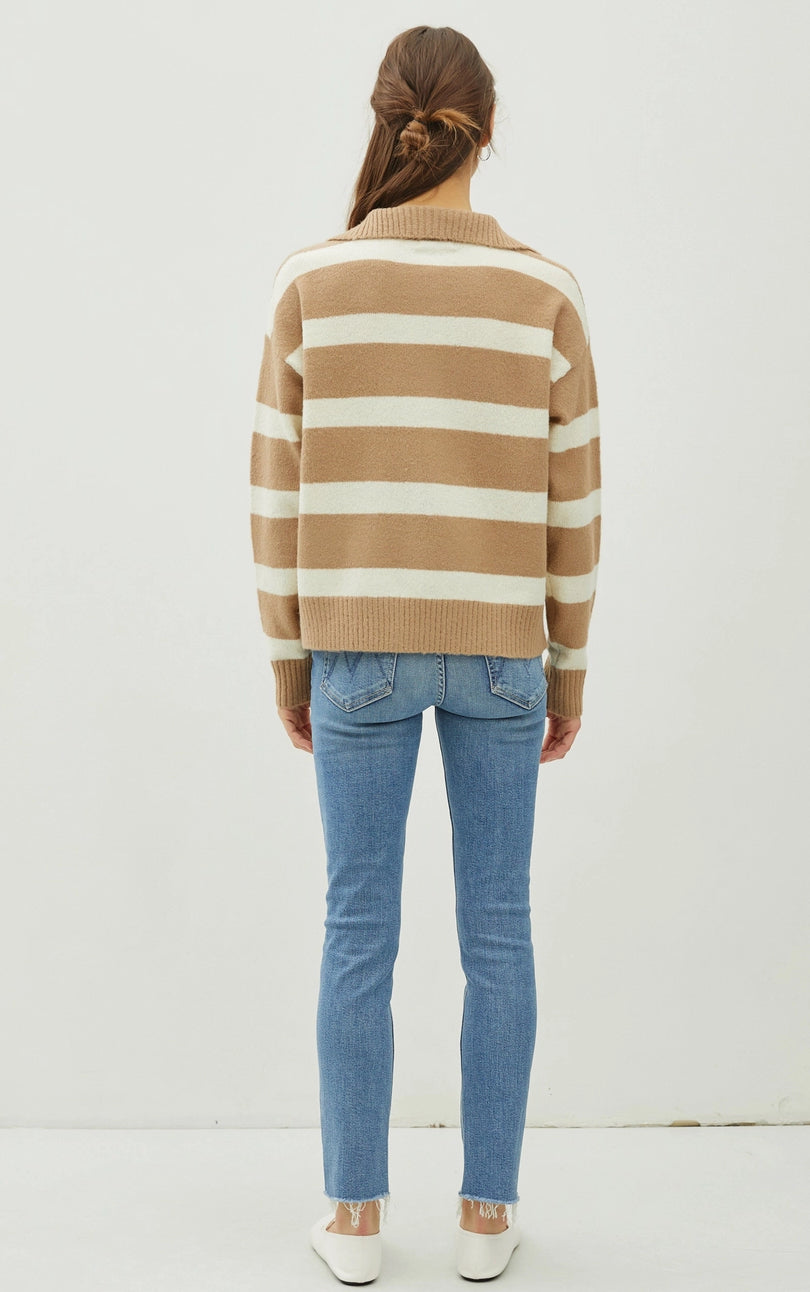 Quarter Button Collar Stripe Sweater