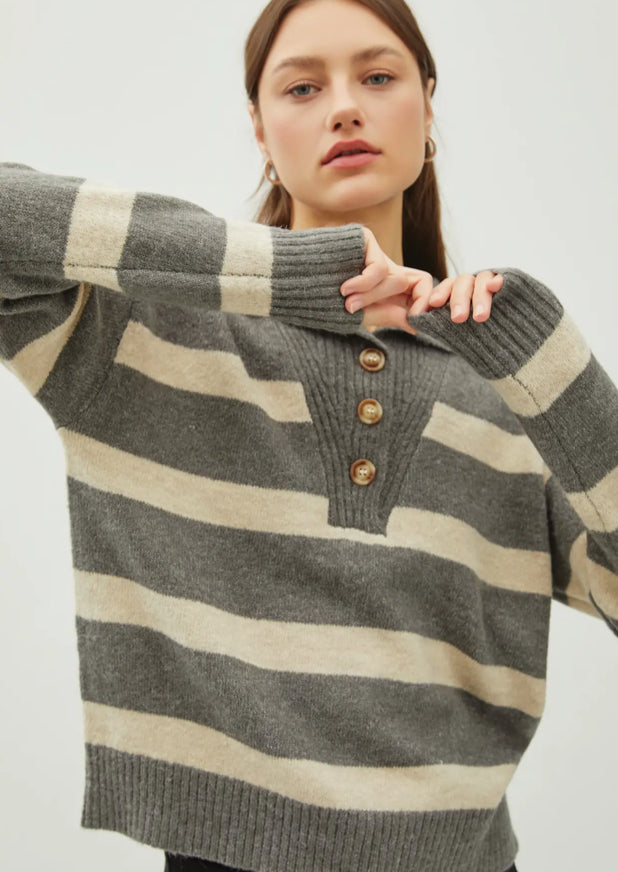 Quarter Button Collar Stripe Sweater