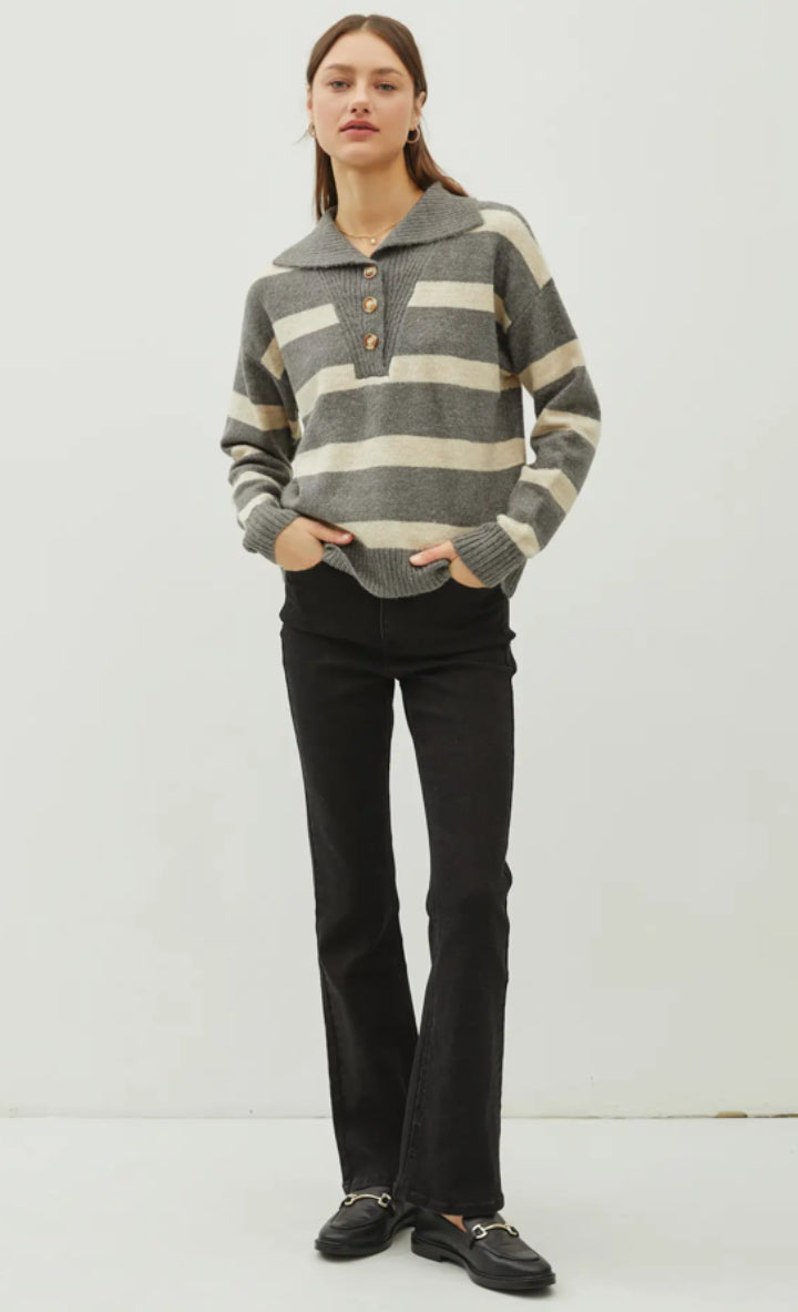 Quarter Button Collar Stripe Sweater