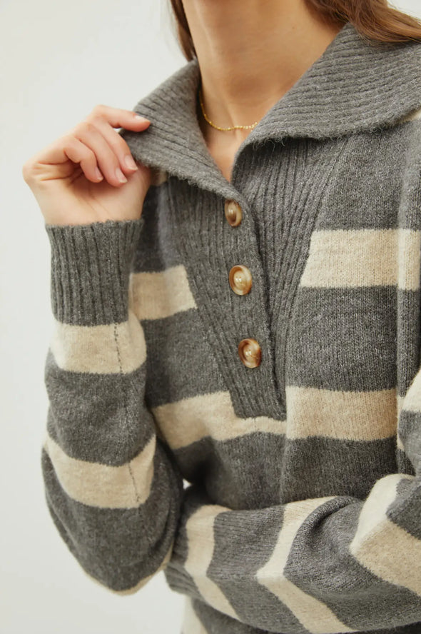 Quarter Button Collar Stripe Sweater