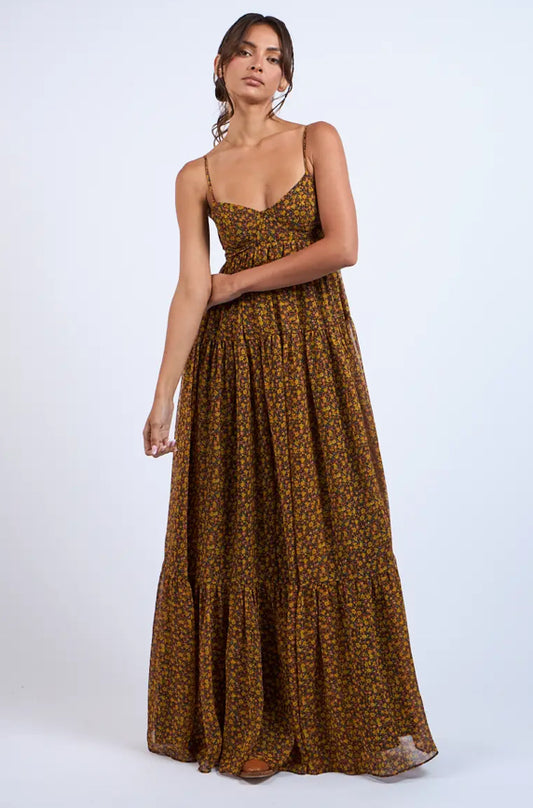 Ditsy Floral Open Back Hook&Eyes Maxi Dress