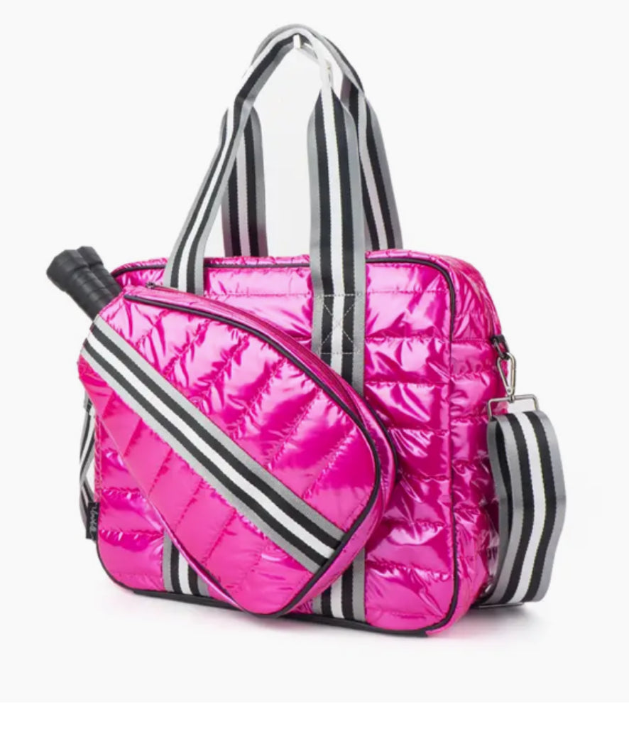 Puffer Pickle Ball Tote Pink with Black Stripe