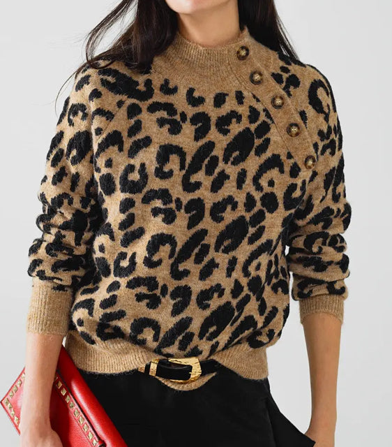 Leopard Knit Sweater with Buttons On the Side