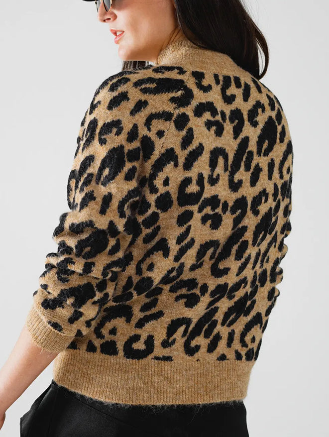 Leopard Knit Sweater with Buttons On the Side