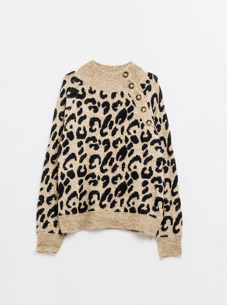 Leopard Knit Sweater with Buttons On the Side