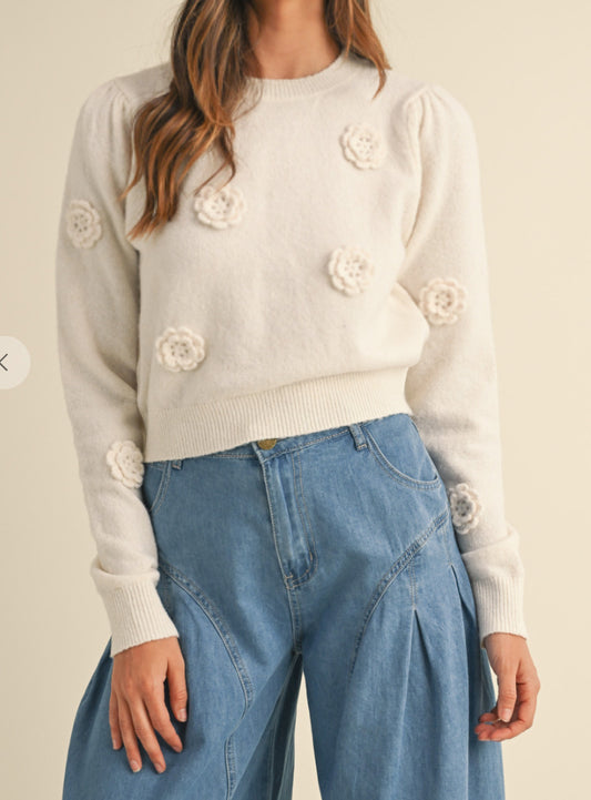 FLORAL APPLIQUE KNIT SWEATER TOP