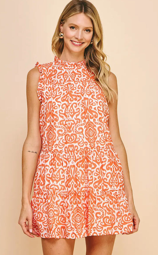 Orange Print Tiered Mini Dress