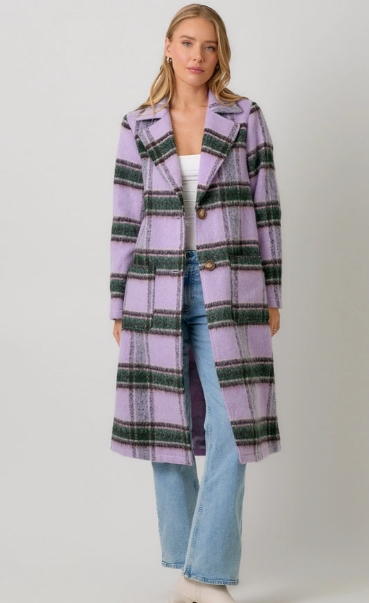 Fuzzy Plaid Long Coat