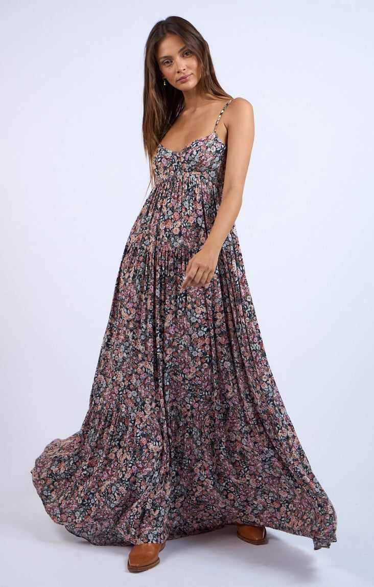 Black Floral Open Back  Maxi Dress