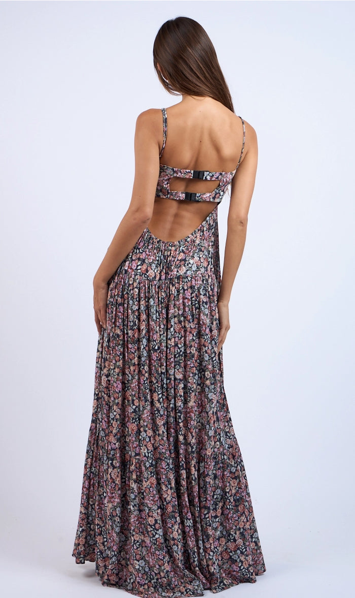 Black Floral Open Back  Maxi Dress