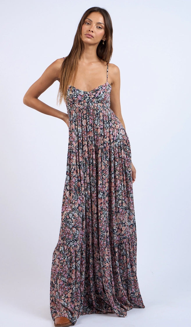 Black Floral Open Back  Maxi Dress