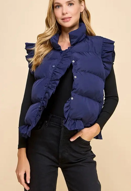 Ruffle Trim Button Down Puffer Vest