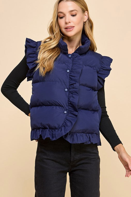 Ruffle Trim Button Down Puffer Vest