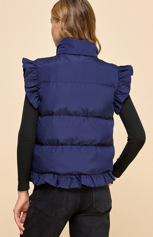 Ruffle Trim Button Down Puffer Vest