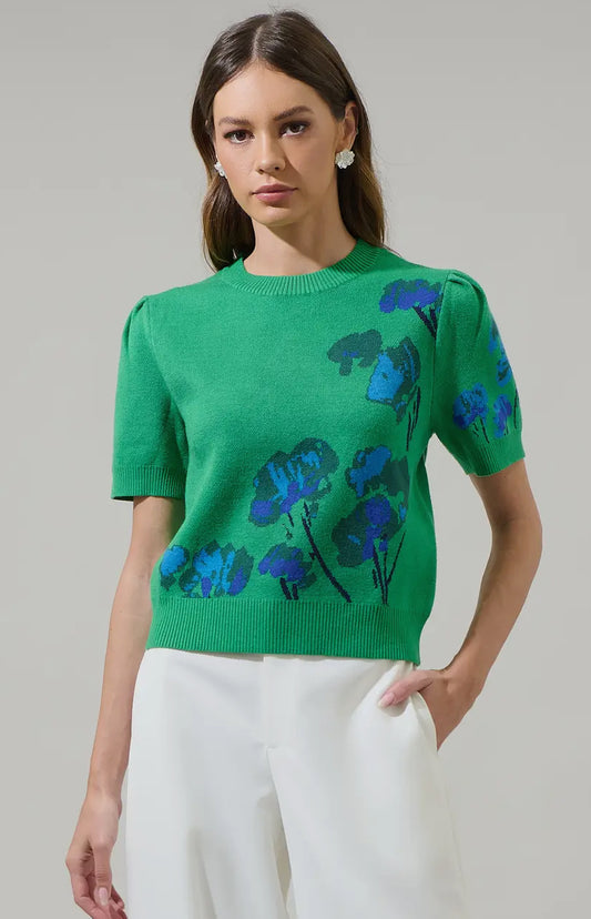 Kersey Floral Pleated Short Sleeve Sweater Top