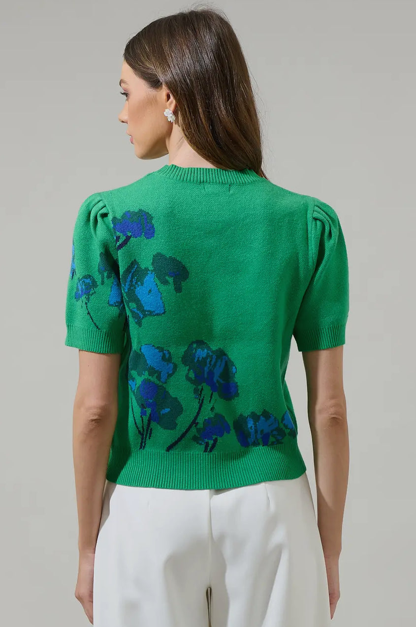 Kersey Floral Pleated Short Sleeve Sweater Top