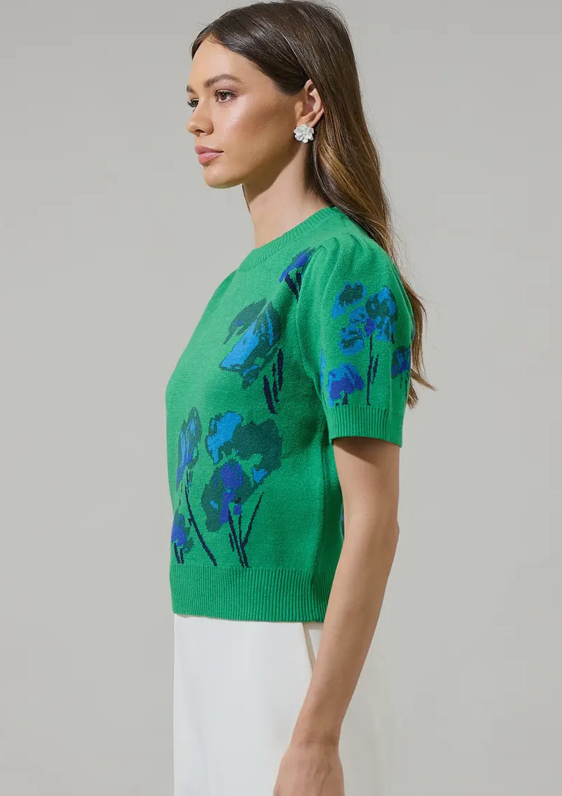 Kersey Floral Pleated Short Sleeve Sweater Top