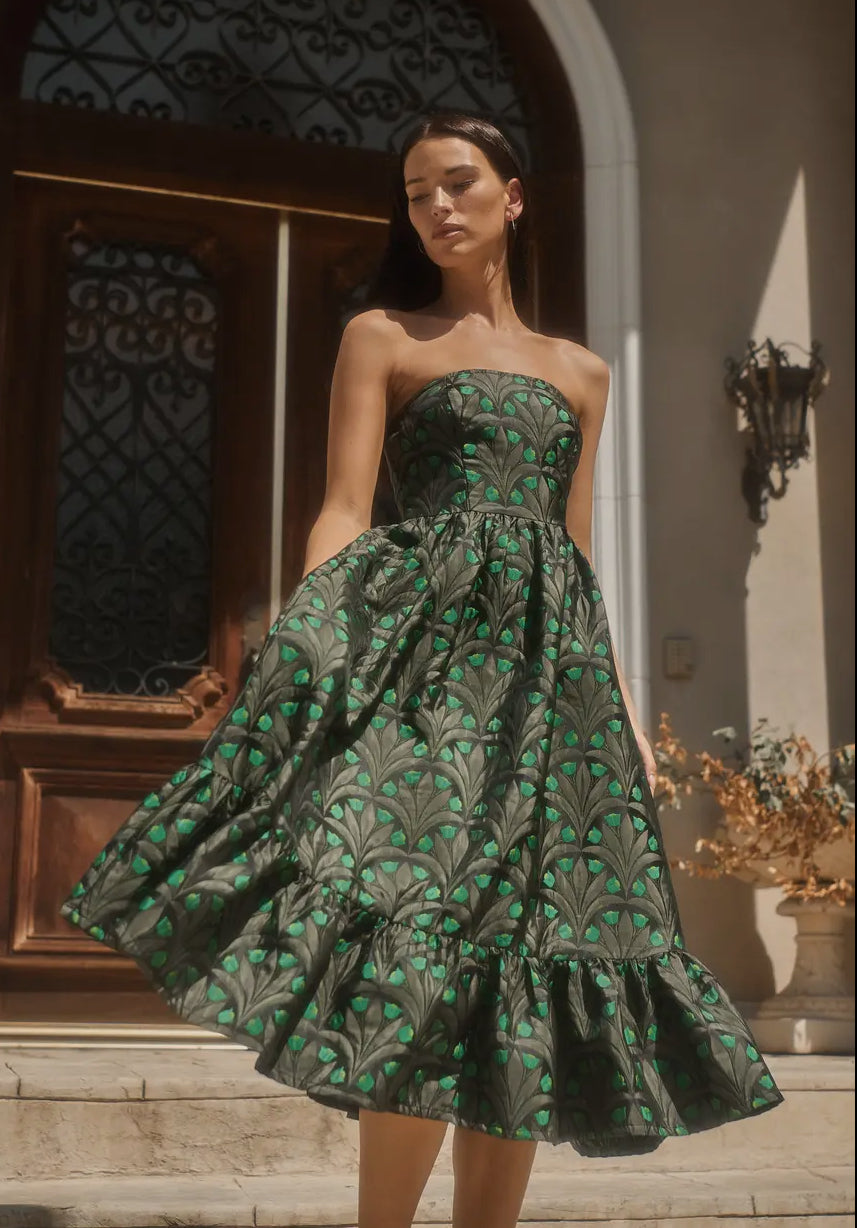Aurra Jacquard Strapless Midi Dress