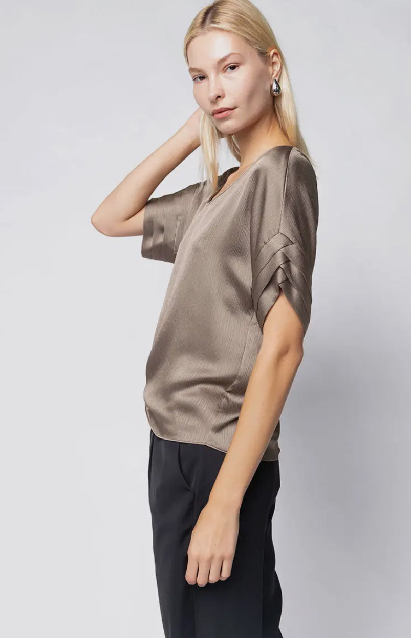 V-Neck Blouse with Bands Sleeve in Crinkle Satin