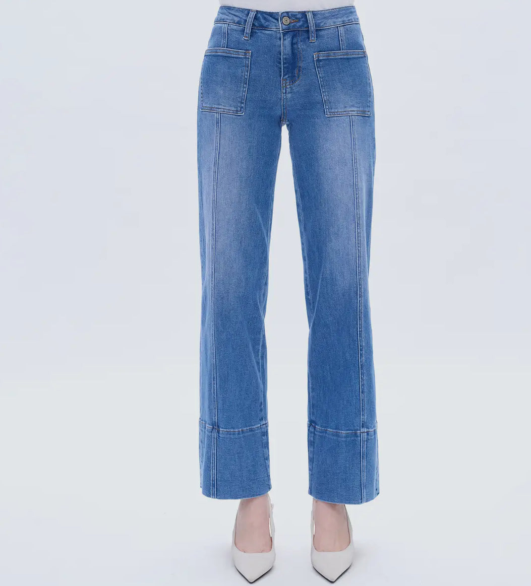 Mid Rise Wide Leg Jeans with Finished Hem