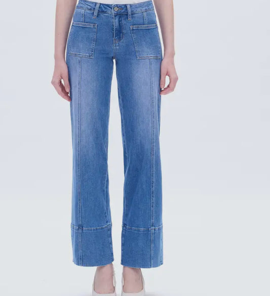 Mid Rise Wide Leg Jeans with Finished Hem