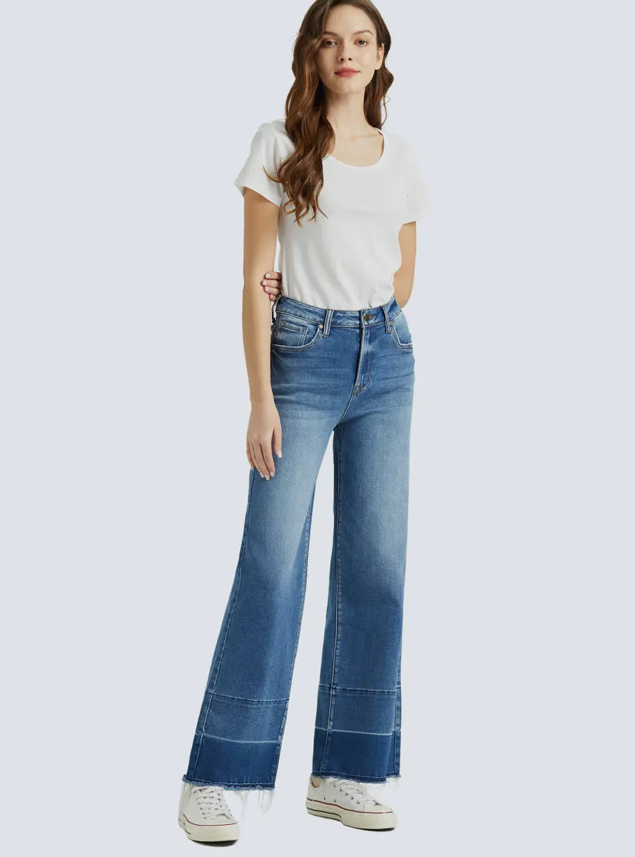High Rise Wide Leg Jeans with Raw Hem