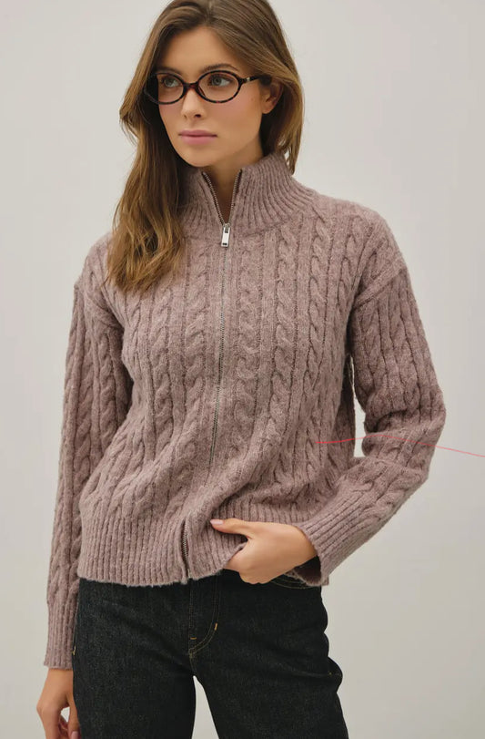 Cable Knit Zip Up Sweater Jacket w/ High Collar