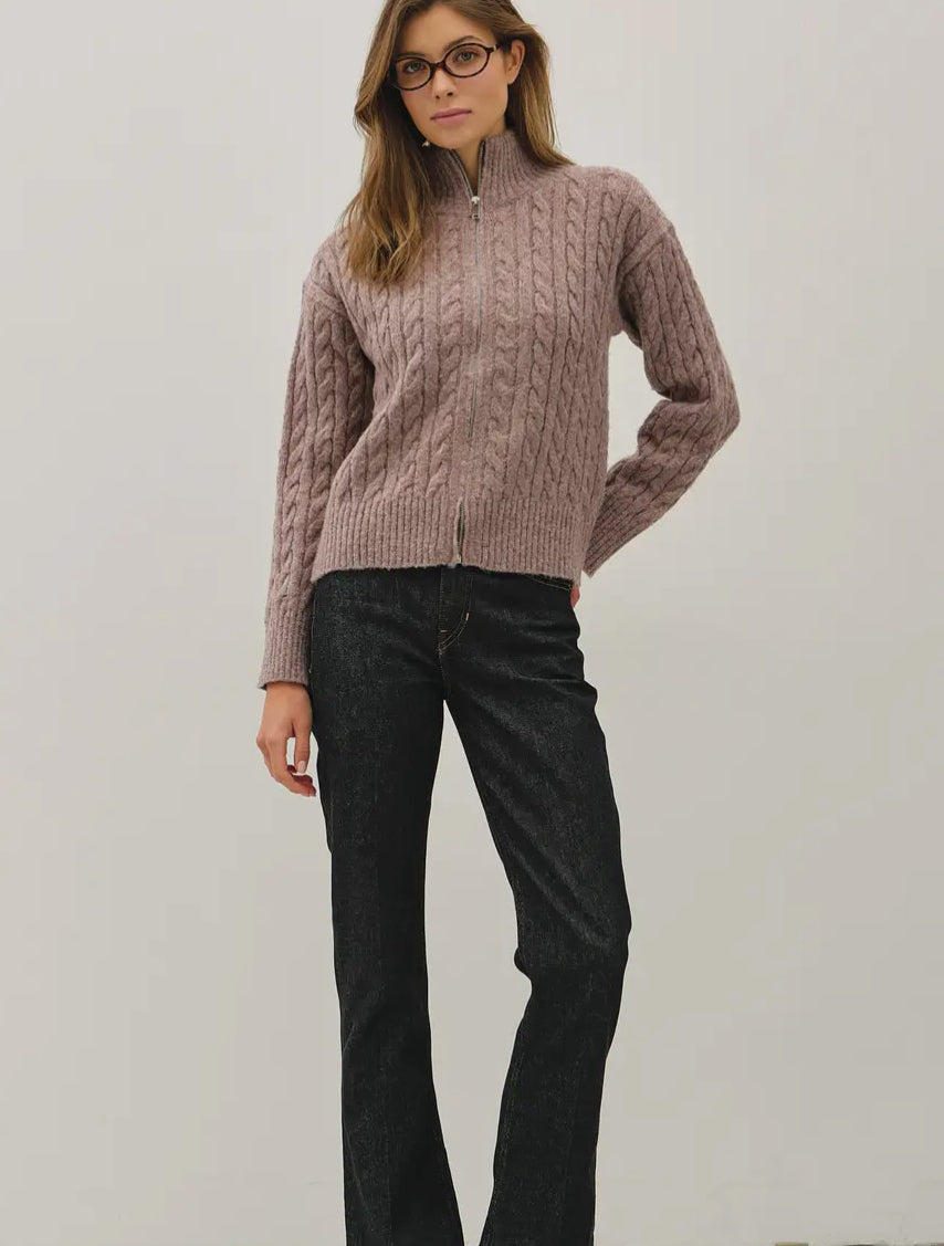 Cable Knit Zip Up Sweater Jacket w/ High Collar