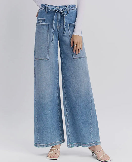 High Rise Elastic Tie Waistband Wide Jean