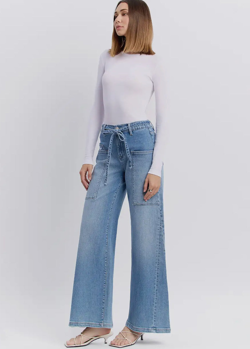 High Rise Elastic Tie Waistband Wide Jean
