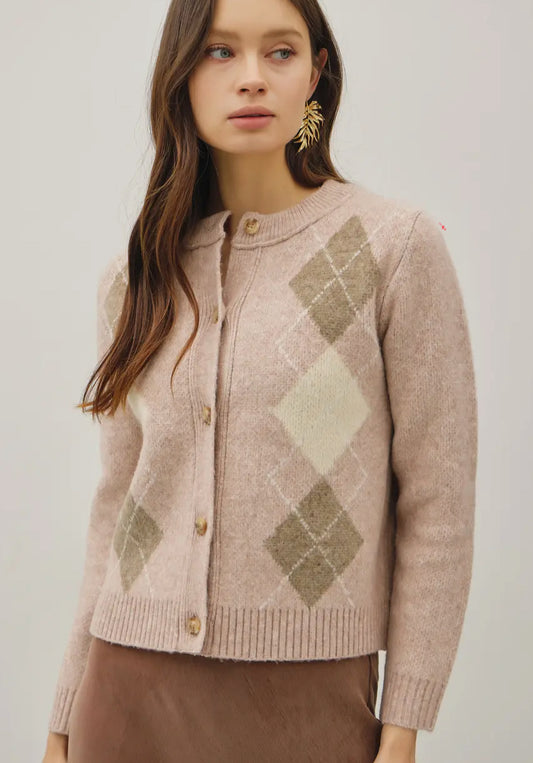 Argyle Jacquard Round Neck Cardigan