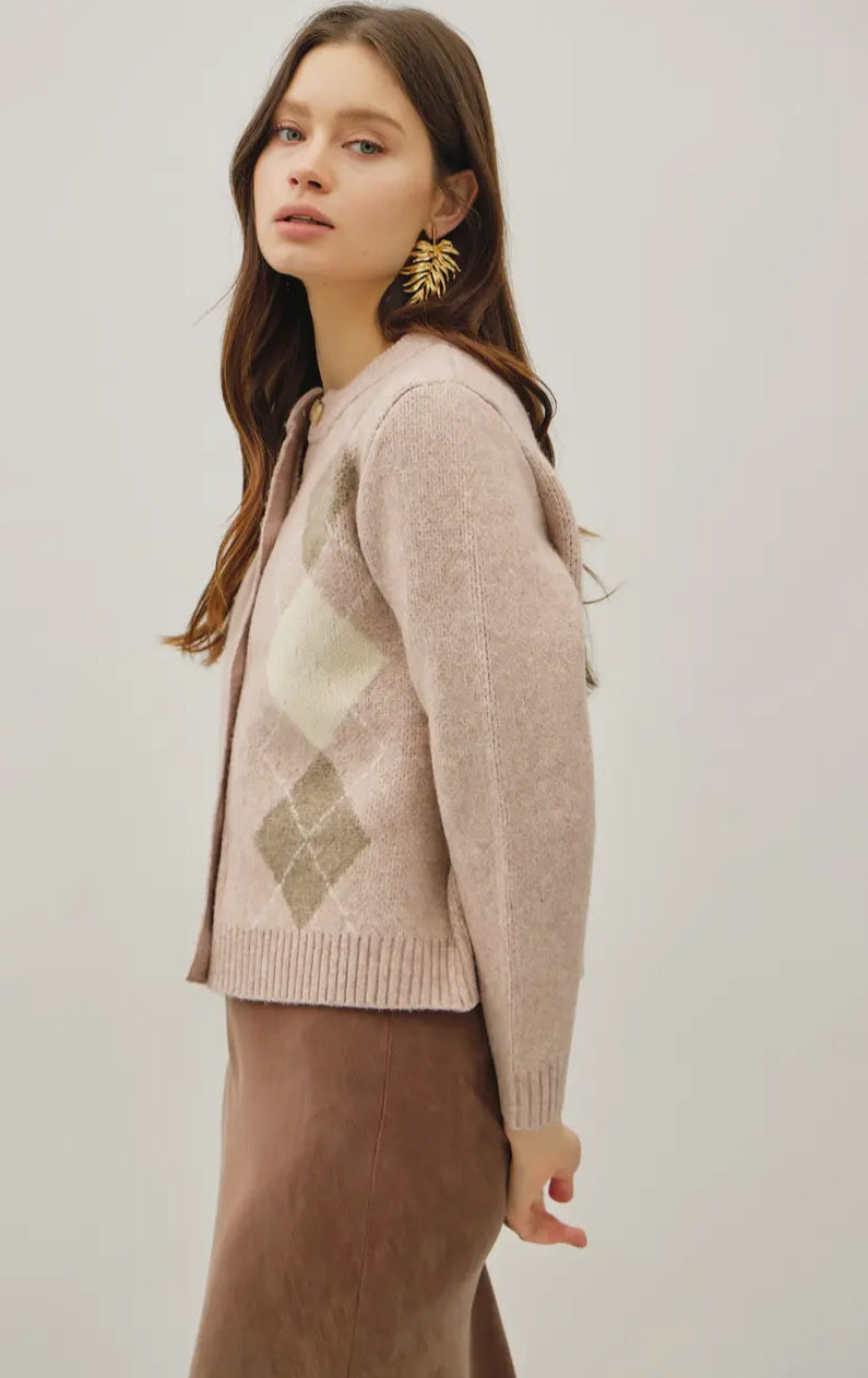 Argyle Jacquard Round Neck Cardigan