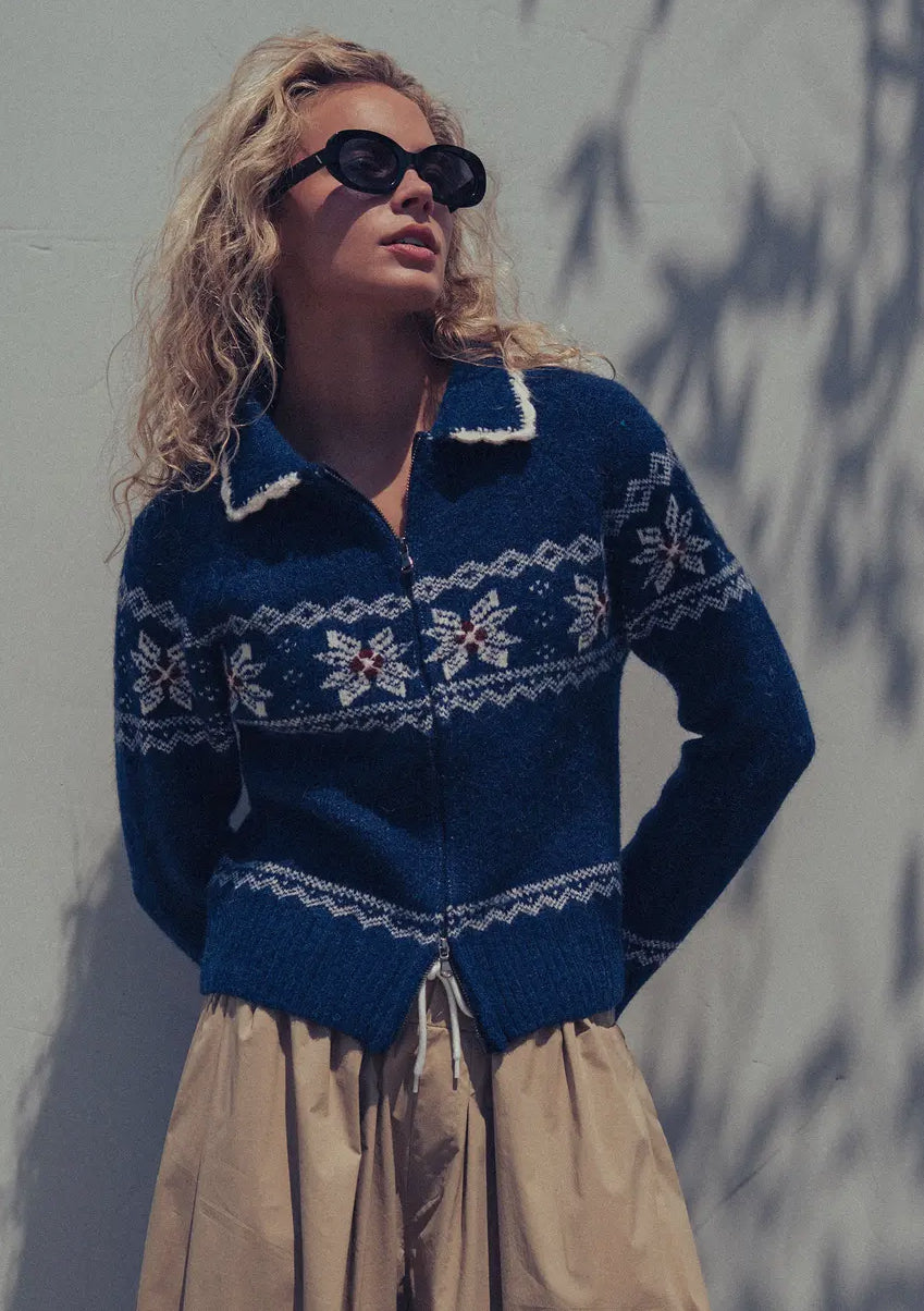 Fair Isle Zip-Up Knit Cardigan