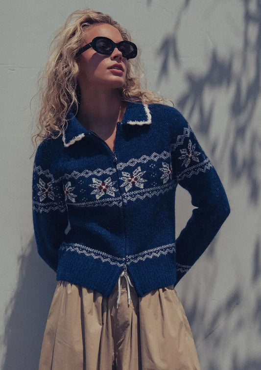 Fair Isle Zip-Up Knit Cardigan