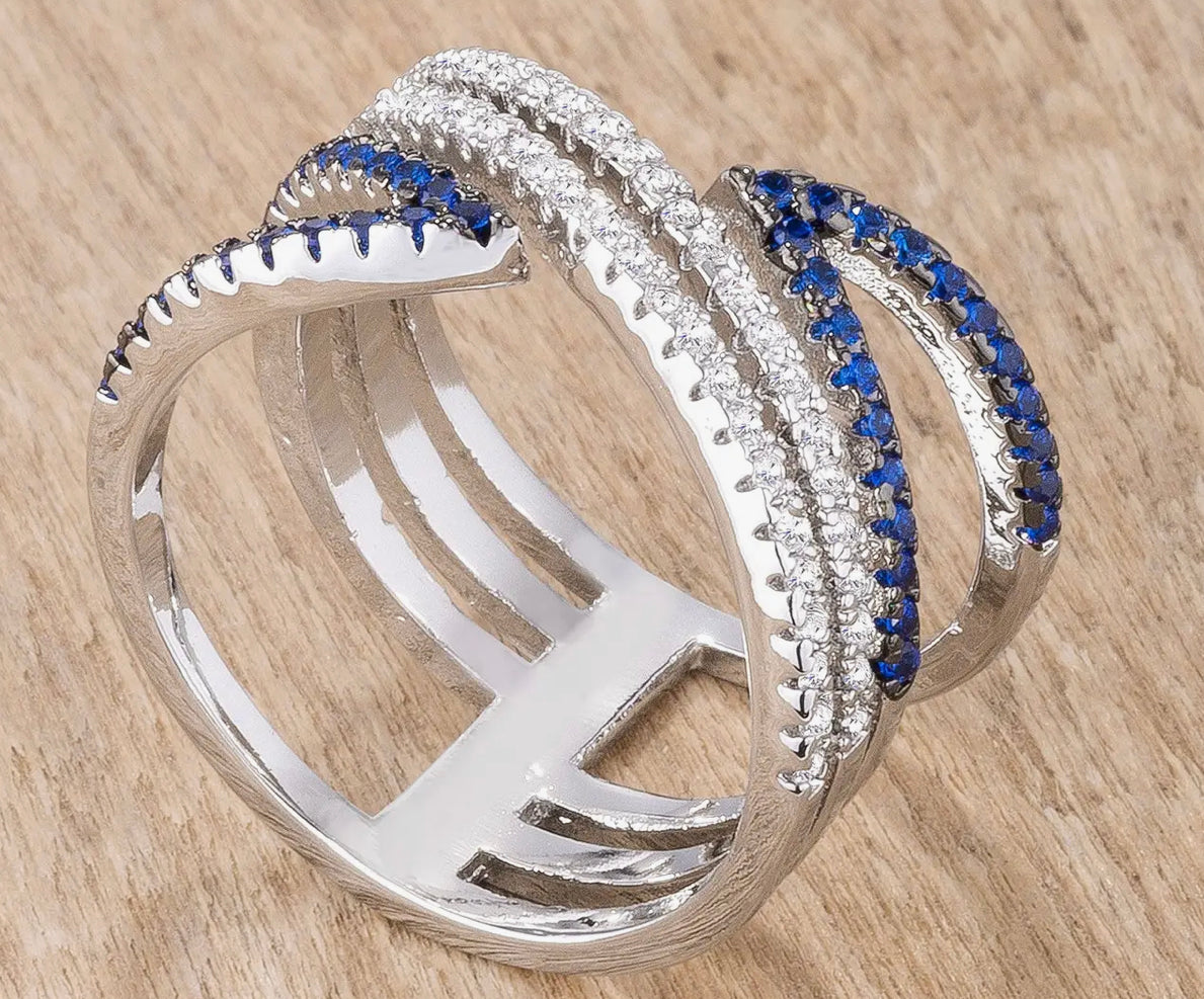 Sapphire Blue & Clear Cz Pave Crossover