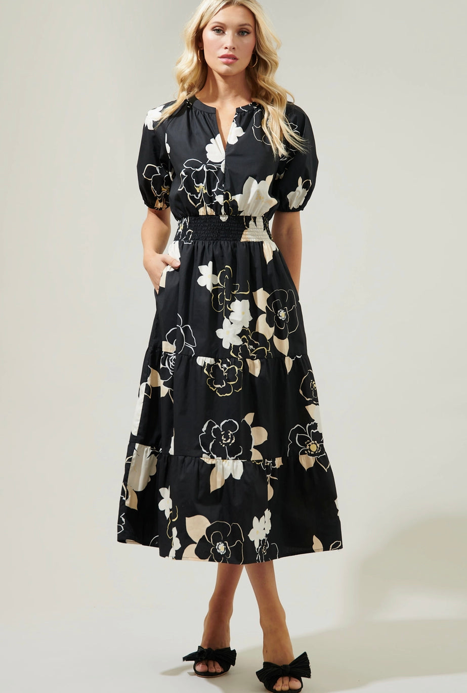 Rose Hacienda Puff Sleeve Midi Dress